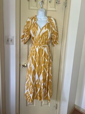 Women's Mustard and White Wrap Midi Dress with Self-Tie Waist